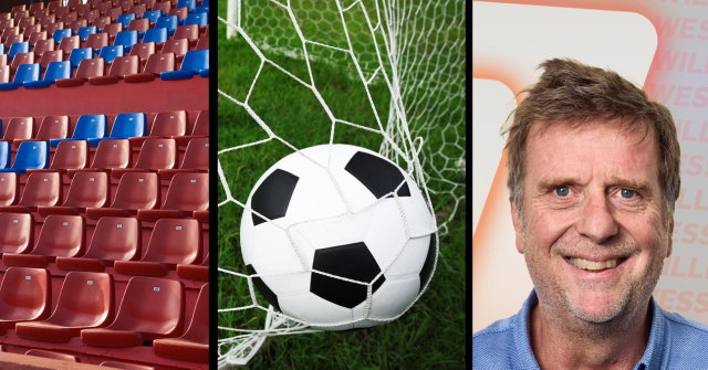 Voetbaltribune, bal in de goal en close up van Wessel Penning.