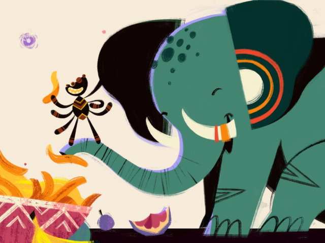 Anansi de spin op de slurf van een olifant